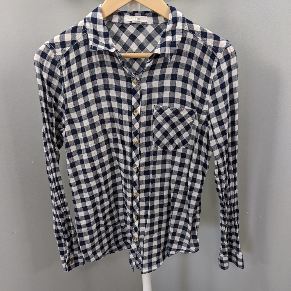 Maurices Navy Gingham Button Front Plaid Top, S